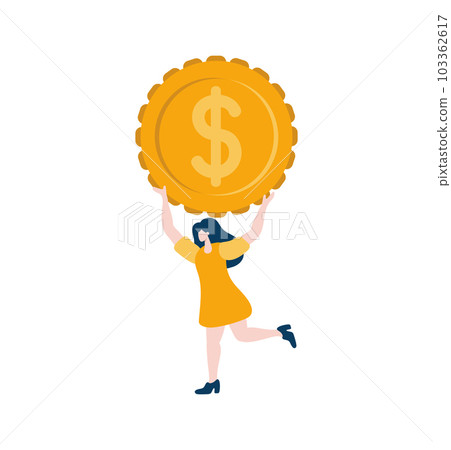 Tiny Woman give coin with dollar sign vector. Business finance growth illustration for smart investment concept. Profit performance or income 103362617
