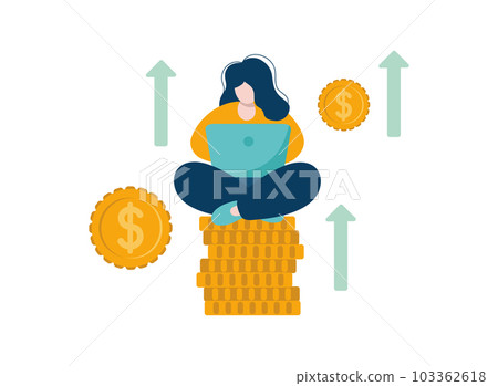 Investment finance growth coins, business success, stock market analysis, crypto trend line or forex trade vector concept. Woman is using laptop sitting on coins to analyze stock value 103362618