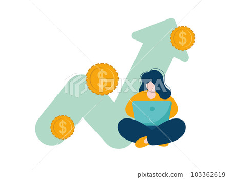 Investment finance growth coins, business success, stock market analysis, crypto trend line or forex trade vector concept. Tiny Woman is using laptop to analyze candlestick chart and stock value Investment finance growth coins, business success, stock market analysis, crypto trend line or forex trade vector concept. Tiny Woman is using laptop to analyze candlestick chart and stock value 103362619