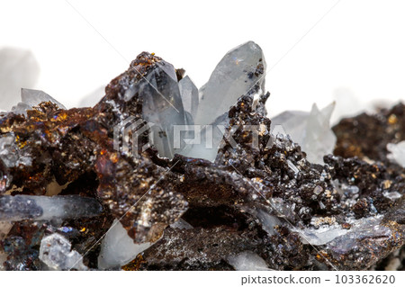 Macro mineral stone Drusus quartz with sphalerite in the rock a white background Macro mineral stone Drusus quartz with sphalerite in the rock a white background 103362620