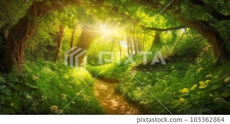 Path in beautiful summer forest lit by sun beams, generative AI illustration 103362864