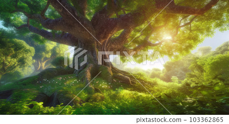 Close-up of an ancient oak tree on a hilltop, beautiful forest landscape. Generative AI illustration 103362865
