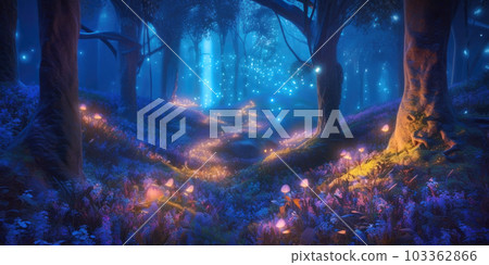 Moonlit night scene in magical forest with glowing fireflies over enchanted flowers 103362866