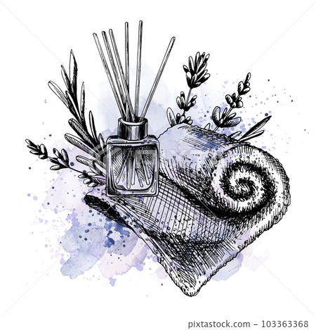Aroma diffuser, towel with lavender flowers. Hand-drawn illustration, graphic with watercolor stains and splashes. Isolated composition on a white background 103363368