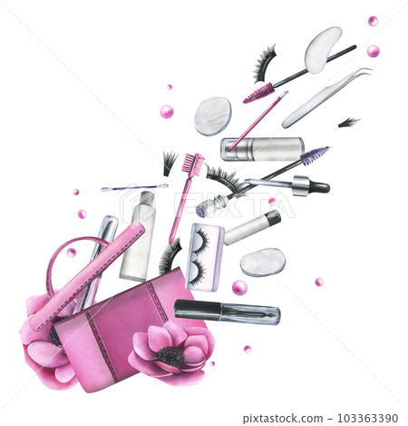 Pink cosmetic bag with anemone flowers and various decorative and skin care cosmetics. Watercolor illustration, hand drawn. Isolated composition on a white background. Pink cosmetic bag with anemone flowers and various decorative and skin care cosmetics. Watercolor illustration, hand drawn. Isolated composition on a white background. 103363390