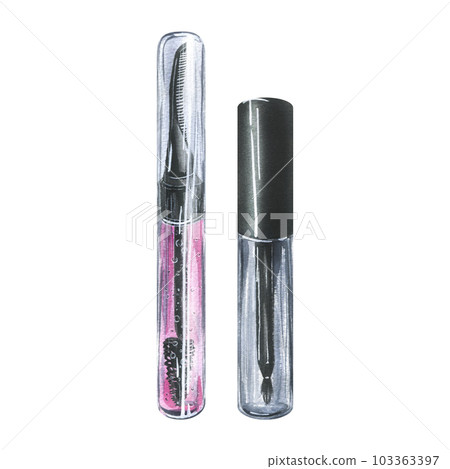 Tubes with gel for eyelashes and eyebrows with comb and brush pink and transparent. Watercolor illustration, hand drawn. Set of isolated objects on a white background. 103363397