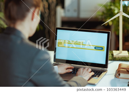 Seen from behind modern woman with laptop using search engine 103363449