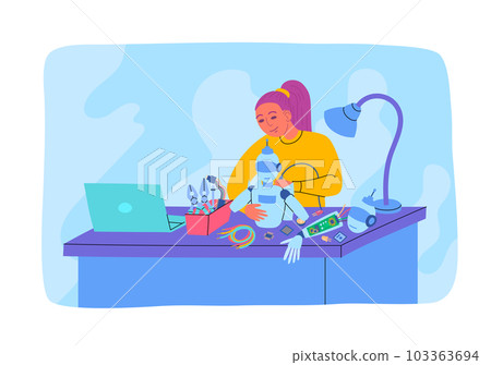 Cartoon Color Character Woman Building Robot Concept Flat Design Style. Vector illustration of Making Robotic Technology Cartoon Color Character Woman Building Robot Concept Flat Design Style. Vector illustration of Making Robotic Technology 103363694
