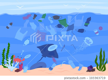 Cartoon Color Garbage in Sea Scene Concept Flat Design Style. Vector illustration of Plastic Ocean Pollution 103363719