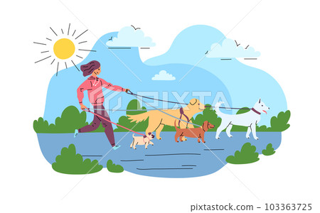 Cartoon Color Character Woman and Dog Walking Service Concept Flat Design Style. Vector illustration of Pet Care Cartoon Color Character Woman and Dog Walking Service Concept Flat Design Style. Vector illustration of Pet Care 103363725