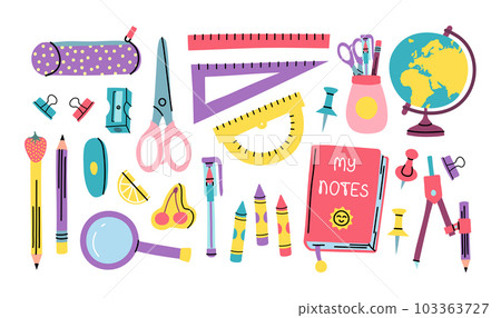 Cartoon Color Cute School Stationery Different Elements Set Concept Flat Design Style Include of Ruler, Scissors, Pen and Crayon. Vector illustration Cartoon Color Cute School Stationery Different Elements Set Concept Flat Design Style Include of Ruler, Scissors, Pen and Crayon. Vector illustration 103363727