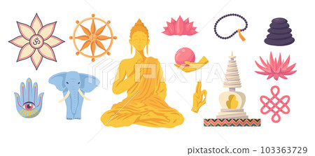 Cartoon Color Buddha Meditation Different Elements Set Concept Flat Design Style Include of Lotus, Elephant, Om Sign and Mudra. Vector illustration Cartoon Color Buddha Meditation Different Elements Set Concept Flat Design Style Include of Lotus, Elephant, Om Sign and Mudra. Vector illustration 103363729