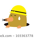 Animal color illustration: Mole wearing a helmet facing left (tired, sweaty, resting, white background, no outline) 103363778