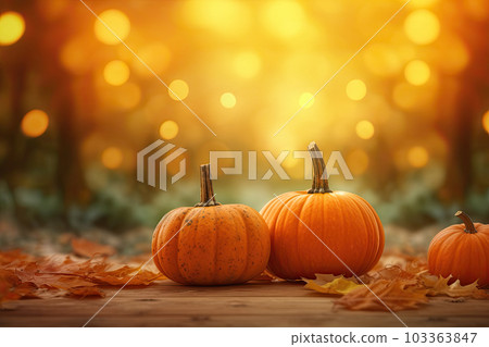 Autumn pumpkins on wooden table and blur... - Stock Illustration ...