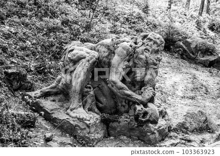 Hermit Onufrius baroque sculpture by Matthias Bernard Braun. Part of Brauns Bethlehem near Kuks, Czech Republic. Black and white photography. 103363923