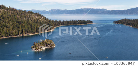 View of Large Bay and Lake with Boats, Small Island, Trees and Mountains 103363947