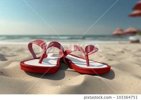 Red flip flops on the sandy beach by the sea. 3d rendering - AI content Red flip flops on the sandy beach by the sea. 3d rendering - AI content 103364751