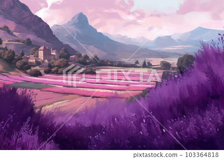 Lavender landscape mountain. Nature flower field. Generate AI 103364818