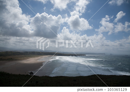 Xago beach view. Asturias coastline panorama, Spain Xago beach view. Asturias coastline panorama, Spain 103365129