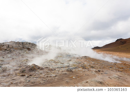 Hverir mud pools day view, Iceland landmark Hverir mud pools day view, Iceland landmark 103365163