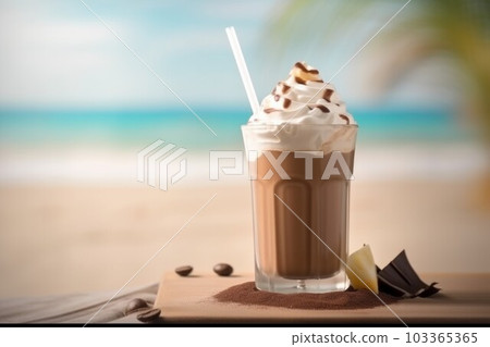 Ice blended chocolate on beach. Frozen fruit. Generate Ai Ice blended chocolate on beach. Frozen fruit. Generate Ai 103365365
