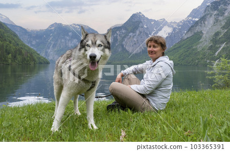 young woman and beautiful german shepherd mix dog puppy sitting together outdoor making a pause during a hike young woman and beautiful german shepherd mix dog puppy sitting together outdoor making a pause during a hike 103365391
