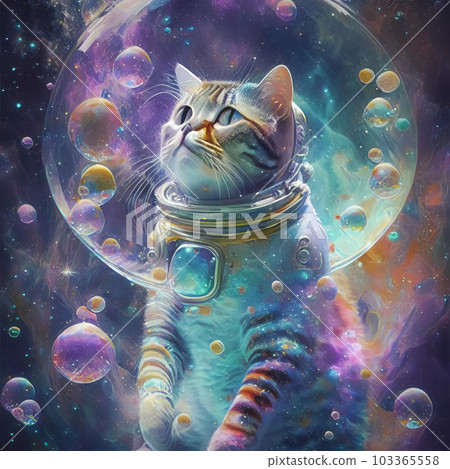 An image of an astronaut cat in a colorful galaxy of bubbles on another planet. An image of an astronaut cat in a colorful galaxy of bubbles on another planet. 103365558