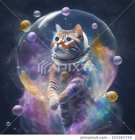 An image of an astronaut cat in a colorful galaxy of bubbles on another planet. An image of an astronaut cat in a colorful galaxy of bubbles on another planet. 103365559