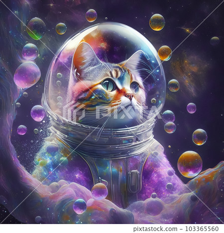 An image of an astronaut cat in a colorful galaxy of bubbles on another planet. 103365560