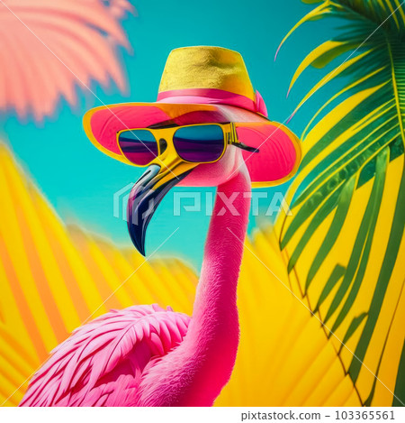 Bright pink flamingo in sunglasses and a hat. Generative AI Bright pink flamingo in sunglasses and a hat. Generative AI 103365561