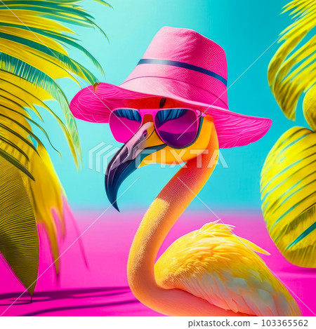 Bright pink flamingo in sunglasses and a hat. Generative AI 103365562