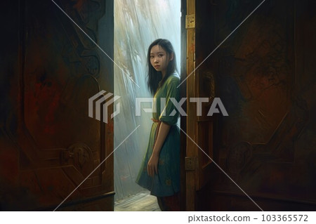 Girl entering in horror room. Door fantasy. Fictional person. Generate Ai 103365572