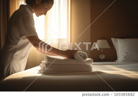 Female housekeeper clean towel. Staff care. Fictional person. Generate Ai 103365682