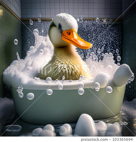 A cute duck bathes in soapy foam and bubbles in the bathroom A cute duck bathes in soapy foam and bubbles in the bathroom 103365694