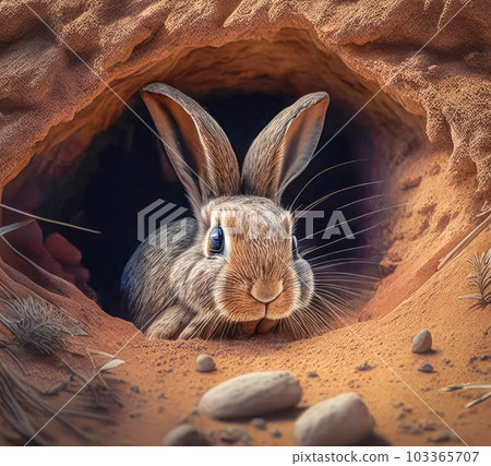 A cute wild hare sits in a hole in a field. Generative AI 103365707