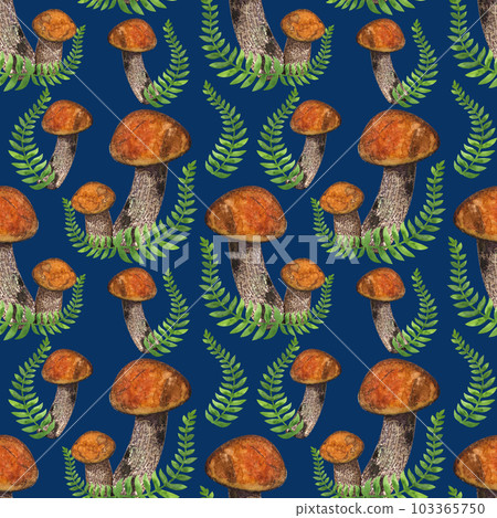 Seamless endless pattern. Boletus edible forest mushroom, fern. Botanical drawing. Hand-drawn watercolor illustration on navy blue background. For textiles, packaging, fabric Seamless endless pattern. Boletus edible forest mushroom, fern. Botanical drawing. Hand-drawn watercolor illustration on navy blue background. For textiles, packaging, fabric 103365750