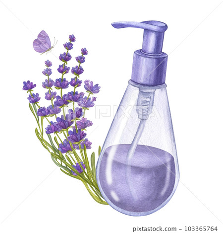 Lilac cosmetic lavender essential oil, dispenser glass bottle. Hand draw watercolor illustration isolated on white background. Cosmetology, aromatherapy. Beauty skincare product packaging Lilac cosmetic lavender essential oil, dispenser glass bottle. Hand draw watercolor illustration isolated on white background. Cosmetology, aromatherapy. Beauty skincare product packaging 103365764