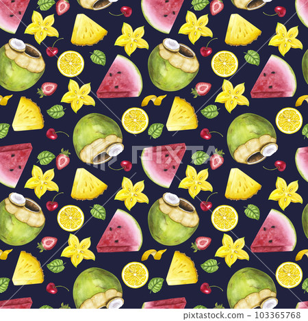 Seamless endless pattern. Watermelon coconut pineapple carambola strawberry. Hand drawn watercolor illustration on dark background. For textiles, packaging, fabric 103365768