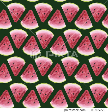 Seamless endless pattern slice watermelon pink red fresh. Hand drawn watercolor illustration on dark background. Design element for bar and restaurant menu, recipes, flyers 103365770