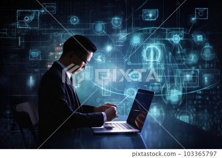 Cyber security network businessman. Secure program. Fictional person. Generate Ai Cyber security network businessman. Secure program. Fictional person. Generate Ai 103365797