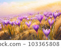 Sunny crocus field. Nature flower. Generate AI 103365808