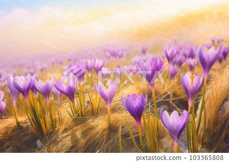 Sunny crocus field. Nature flower. Generate AI Sunny crocus field. Nature flower. Generate AI 103365808