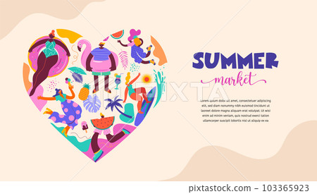 Summer market heart design with cute vacation doodles and icons. Feel the summer concept - beach 103365923