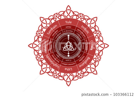 wheel of the Year is an annual cycle of seasonal festivals. Wiccan calendar and holidays. Compass with in the middle Triquetra symbol from charmed celtic. Vector isolated on white background wheel of the Year is an annual cycle of seasonal festivals. Wiccan calendar and holidays. Compass with in the middle Triquetra symbol from charmed celtic. Vector isolated on white background 103366112