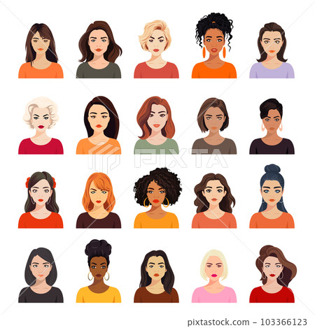 Vector Woman Avatar Set. Beautiful Young Girls Portrait Collection, Different Hairstyle. Female Expressing, Emotions, Different Nationalities. Cartoon Multiethnic Society in Flat Style. Front View 103366123