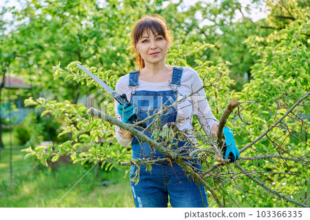 Woman gardener with saw and dry cut branches looking at camera in garden Woman gardener with saw and dry cut branches looking at camera in garden 103366335