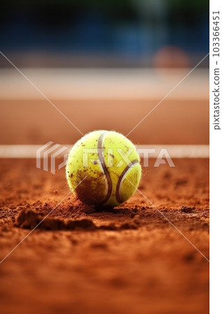The moment the tennis ball hits the ground clay on the court 103366451