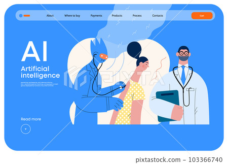 Artificial intelligence, Medicine -modern flat vector concept illustration of AI auscultating patient with stethoscope. Human doctor nearby. Metaphor of AI advantage, superiority and dominance concept Artificial intelligence, Medicine -modern flat vector concept illustration of AI auscultating patient with stethoscope. Human doctor nearby. Metaphor of AI advantage, superiority and dominance concept 103366740