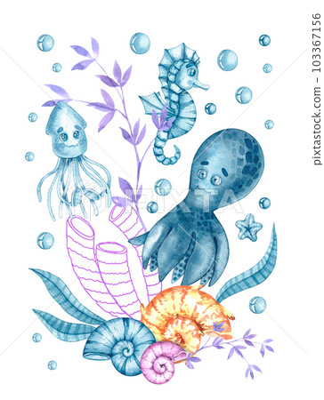 Watercolor composition with marine life, shells, corals on a white background 103367156