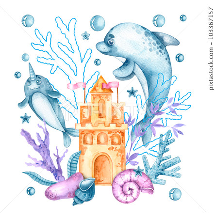 Watercolor composition with marine life, sand castle, seashells, corals on a white background 103367157